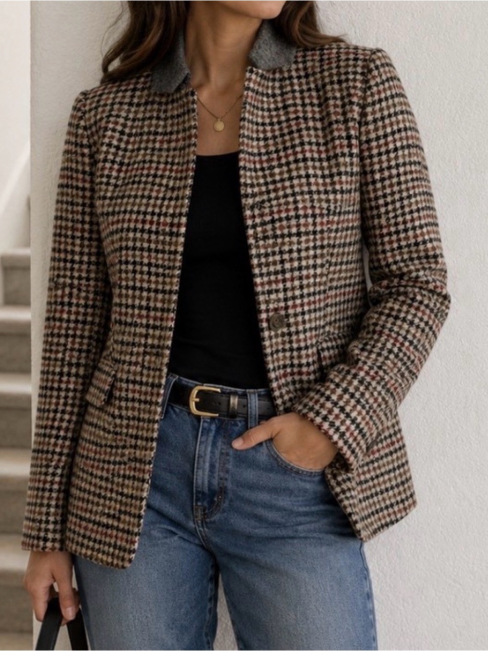 J. Crew Brown Houndstooth Wool-Blend Blazer with Gray Collar